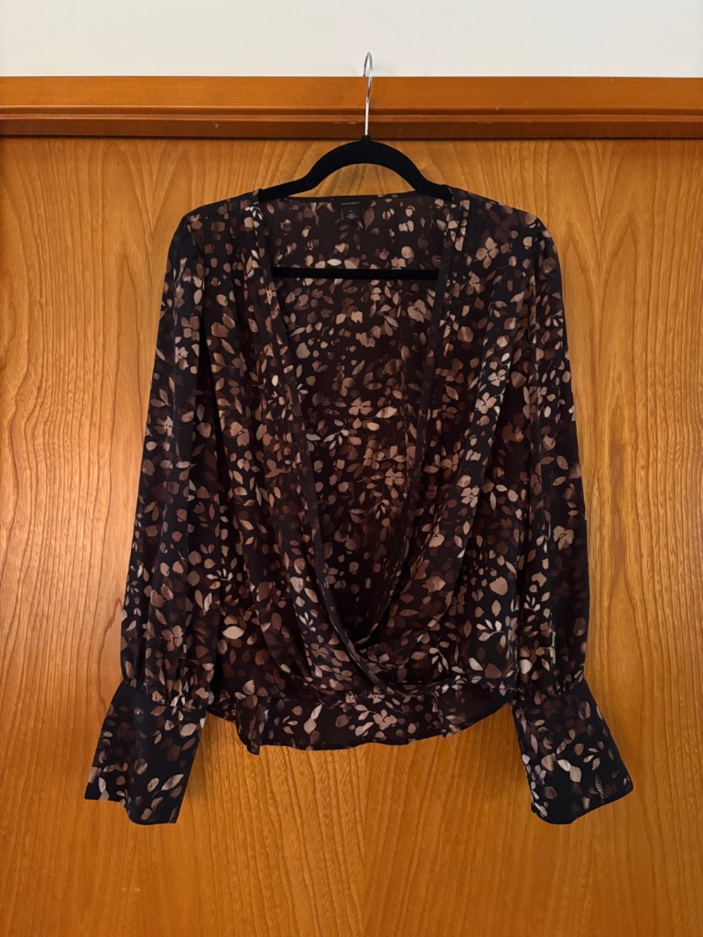 Halogen Brown Floral Wrap-Style Blouse